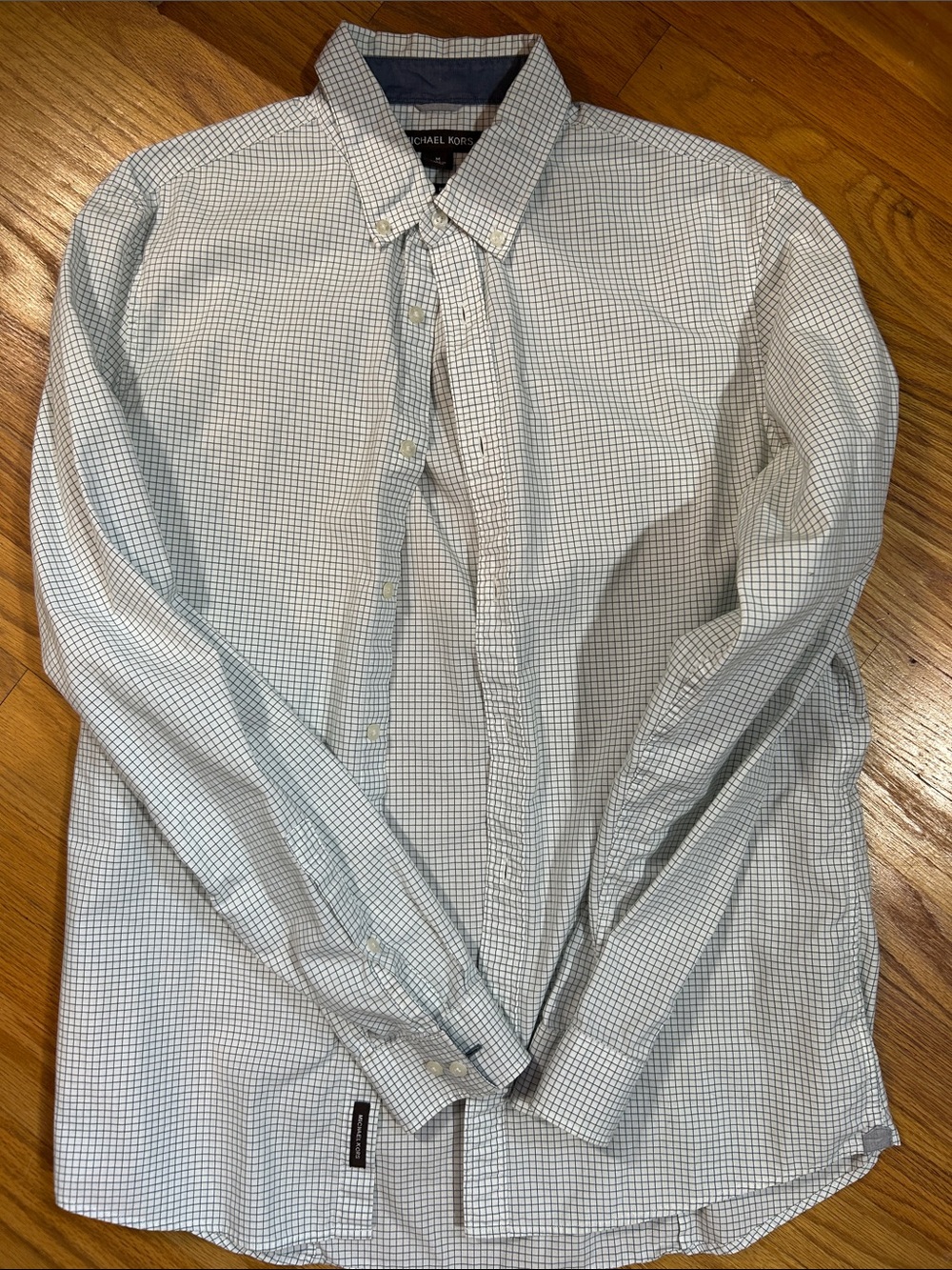 Michael Kors Men's White and Blue Micro-Check Button-Down Shirt
